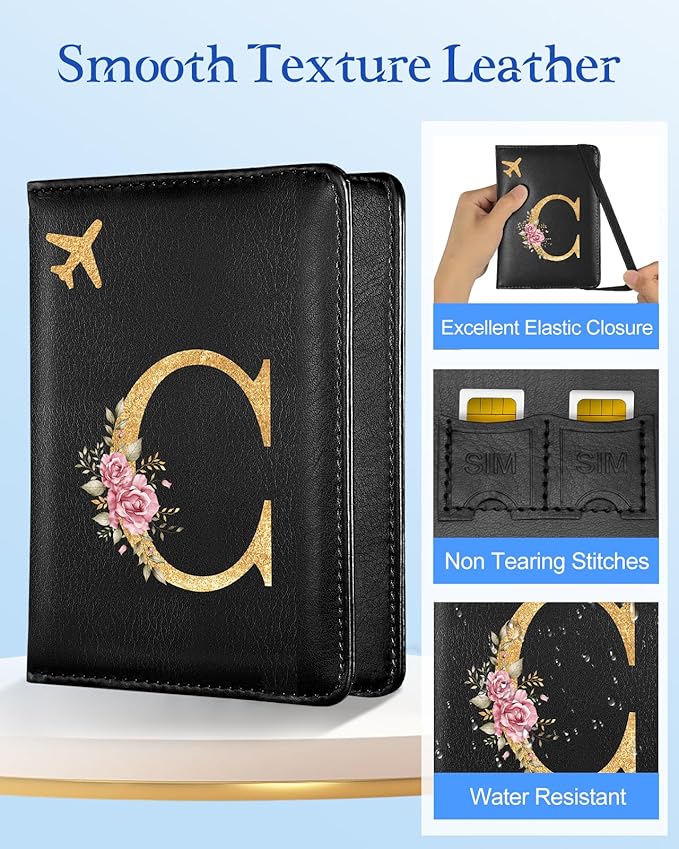 Slohif Initial Passport Holder Cover Wallet Case for Travel Women - Leather Letter Passport Book Family Multiple Personalized Organizer Card Slots Protector Sleeve Essentials Slim Carrier Black C