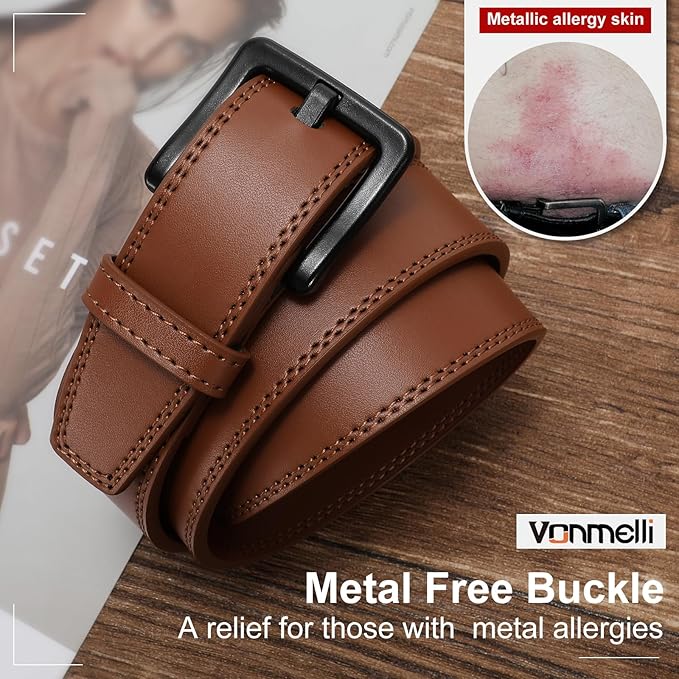 VONMELLI Nickel Free Leather Belt for Men, Non Metal TSA Approved Men’s Belt for Jeans with Hypoallergenic Buckle