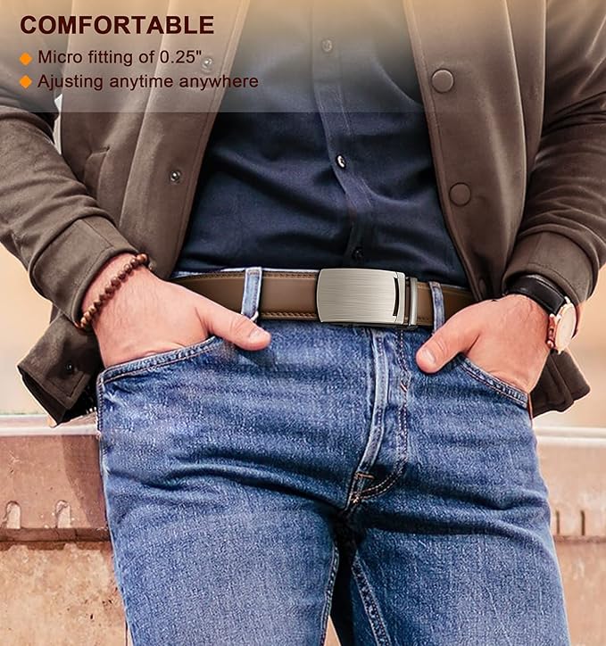 BULLIANT Mens Ratchet Belt,Leather Adjustable Slide Belt For Gift Mens Dress Casual 1 3/8",Size Adjustable