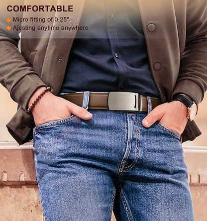 BULLIANT Mens Ratchet Belt,Leather Adjustable Slide Belt For Gift Mens Dress Casual 1 3/8",Size Adjustable