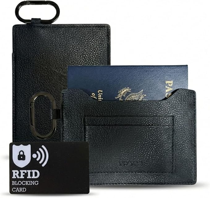 Passport Holder – Slim RFID Blocking Leather Passport Wallet with Built-In RFID Protection & Black-Tone Carabiner, Travel Essentials (Black Embossed Logo)