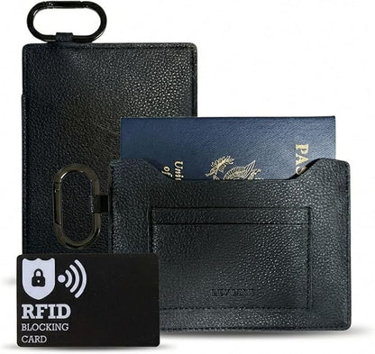 Passport Holder – Slim RFID Blocking Leather Passport Wallet with Built-In RFID Protection & Black-Tone Carabiner, Travel Essentials (Black Embossed Logo)