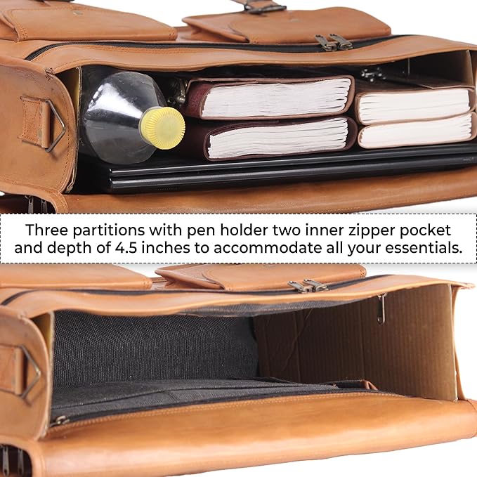 Vintage Leather Laptop Bag for Men Full Grain Large Leather Messenger bag for men 18 inches with rustic look Brown briefcase (Tan)
