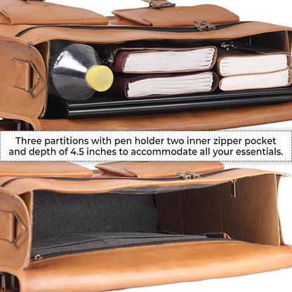 Vintage Leather Laptop Bag for Men Full Grain Large Leather Messenger bag for men 18 inches with rustic look Brown briefcase (Tan)