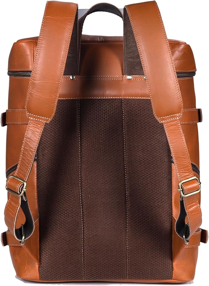 HLC Leather Tan Backpack For Men Genuine Laptop Rucksack For Men Women Genuine Leather Vintage Large Capacity Business Retro Travel Camping Daypack (17 Inch Tan)