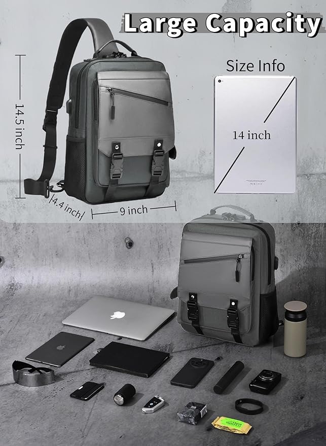 BASICPOWER Laptop Sling Bag for Men Women, Sling Backpack Crossbody Bag Fits 14 inch Computer with USB Port Anti-theft
