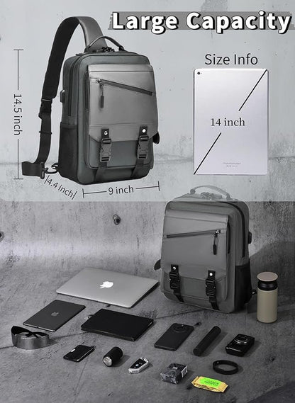 BASICPOWER Laptop Sling Bag for Men Women, Sling Backpack Crossbody Bag Fits 14 inch Computer with USB Port Anti-theft
