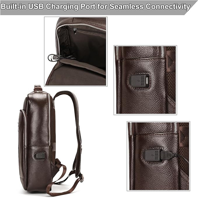 Genuine Leather 15.6 Inch Laptop Backpack for Men, Multi Pocket Slim Daypack Shoulder Bag with Trolley Sleeve for Business Travel (Brown)