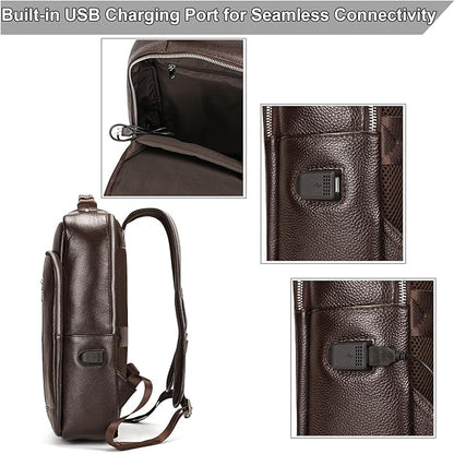 Genuine Leather 15.6 Inch Laptop Backpack for Men, Multi Pocket Slim Daypack Shoulder Bag with Trolley Sleeve for Business Travel (Brown)
