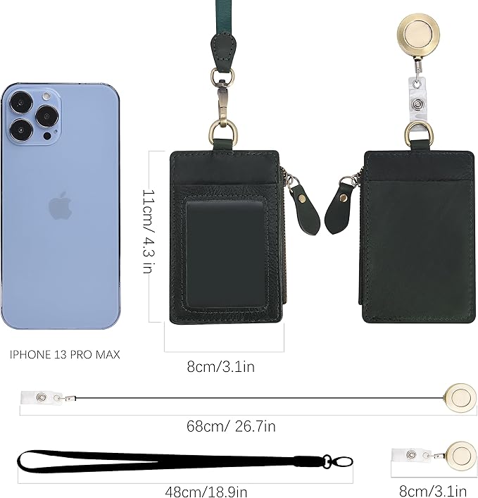 Wonderpool Leather ID Badge Holder with Zipper Wallet Pouch - Card Slots Case Detachable Neck Lanyard and Retractable Badge Reel for Office School Hospital Exhibition ID (Green)