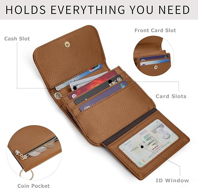 Women Small Wallet RFID Blocking Slim Wallet with Coin Pocket Tri-Fold Credit Card Holder with ID Window and Keychain(Camel)