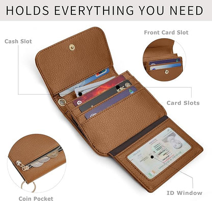 Women Small Wallet RFID Blocking Slim Wallet with Coin Pocket Tri-Fold Credit Card Holder with ID Window and Keychain(Camel)