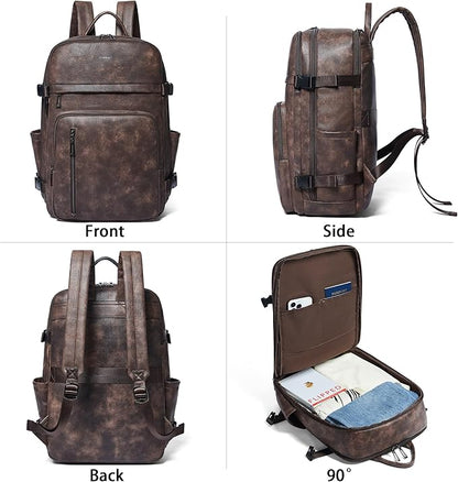 Travel Backpack for Women and Men, Fits 17.0" Laptop, Stylish Lay-Flat Carry-on Vegan Leather Backpack with Luggage Strap for Travel and Daily Use