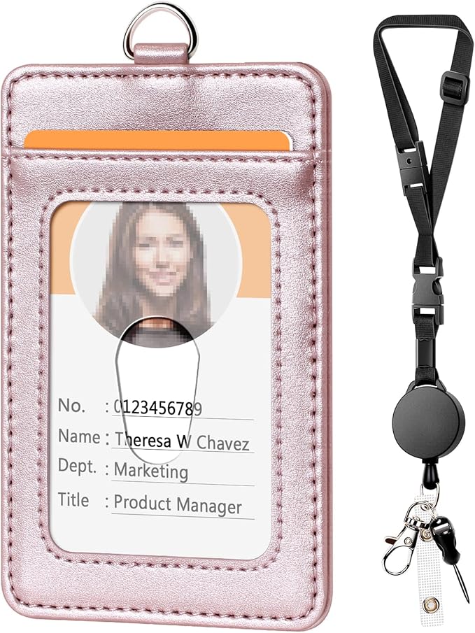 Leather Badge Holder and Adjustable Retractable Lanyards, Quick Release Buckle and Safety Breakaway Lanyards with Swivel Metal Clasp for Offices, Staff, Students, Employees