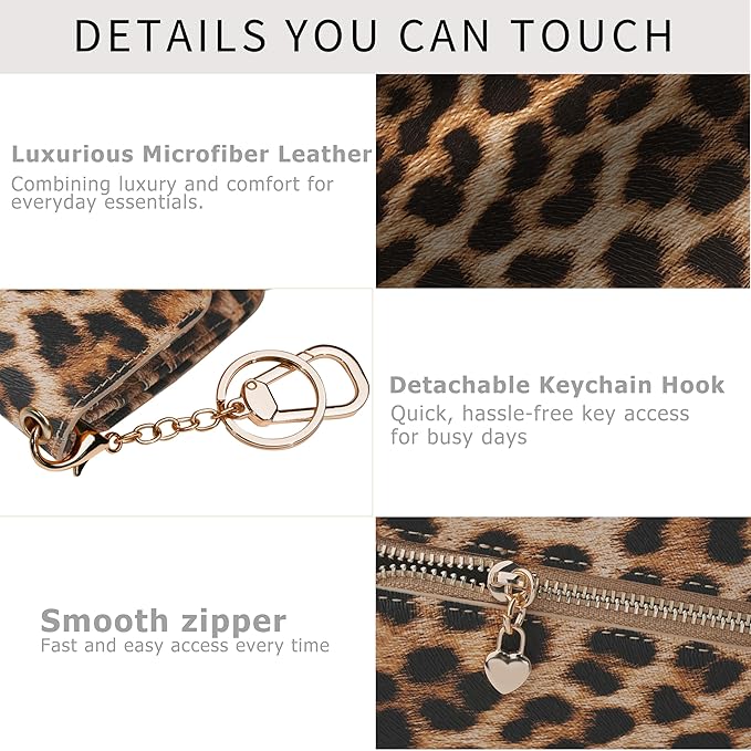 Women Small Wallet RFID Blocking Slim Wallet with Coin Pocket Tri-Fold Credit Card Holder with ID Window and Keychain (Leopard)