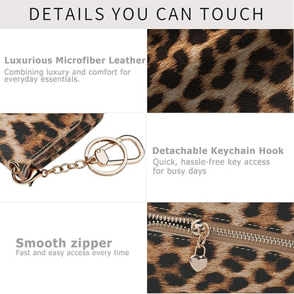 Women Small Wallet RFID Blocking Slim Wallet with Coin Pocket Tri-Fold Credit Card Holder with ID Window and Keychain (Leopard)