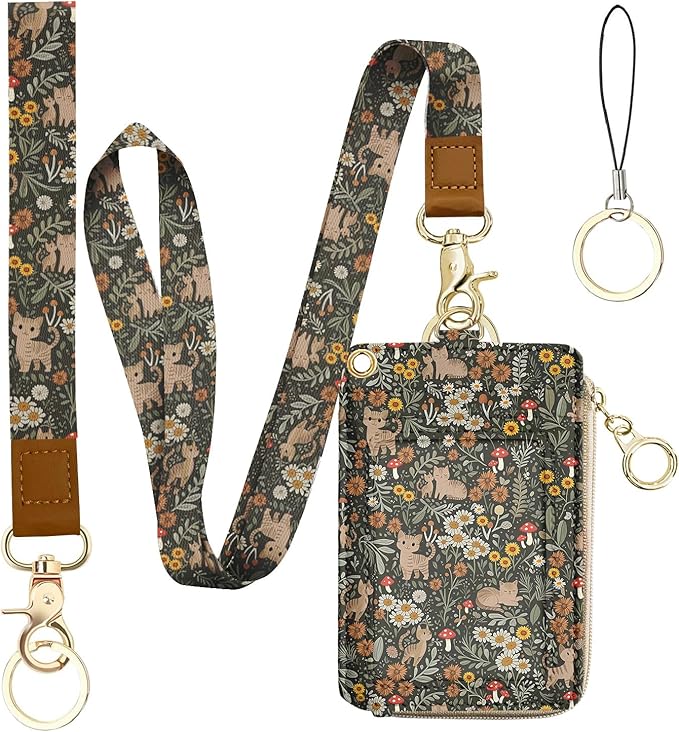 bolimoss Floral Cat Lanyard Wallet, Cute Sunflower Lanyards for ID Badge,ID Badge Holder with Breakaway Neck & Wristlet Lanyard, Pu Leather Zip Id Case Wallet for Women Woker Teacher Nurse