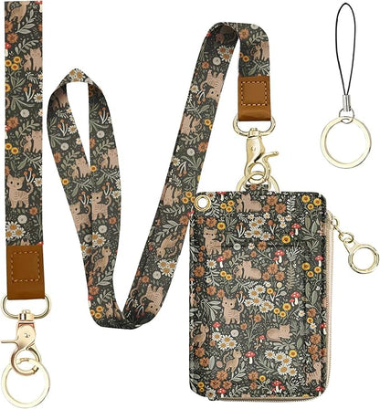 bolimoss Floral Cat Lanyard Wallet, Cute Sunflower Lanyards for ID Badge,ID Badge Holder with Breakaway Neck & Wristlet Lanyard, Pu Leather Zip Id Case Wallet for Women Woker Teacher Nurse