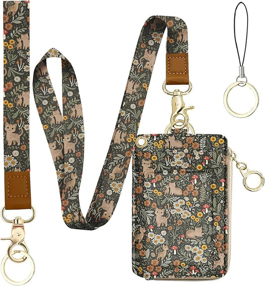 bolimoss Floral Cat Lanyard Wallet, Cute Sunflower Lanyards for ID Badge,ID Badge Holder with Breakaway Neck & Wristlet Lanyard, Pu Leather Zip Id Case Wallet for Women Woker Teacher Nurse