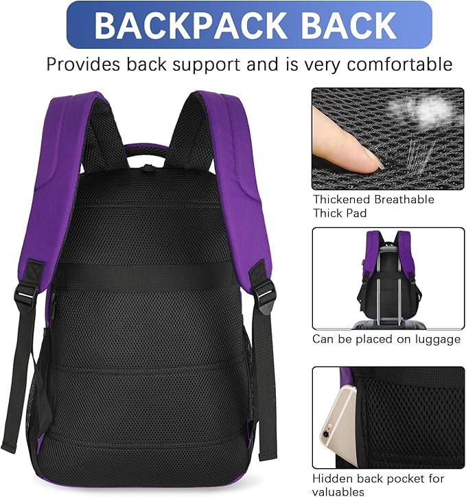 LARIPOP Carry On Backpack for Airplane, 17.3 Inch Laptop Backpack with USB Charging Port, Water Resistant Business Travel Backpack, Lightweight College School Bookbag Anti Theft for Men Women, Purple