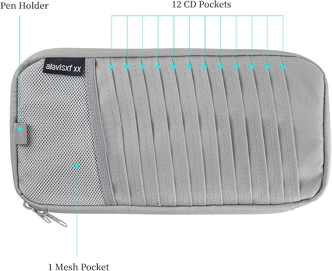alavisxf xx Car CD Holder, DVD Vehicle Visor Storage Organizer, Large Capacity CD Visor Case Holder with 12 Sleeves, 1 Mesh Pocket, 1 Pen Holder, 1 Back Inner Pocket (Grey)
