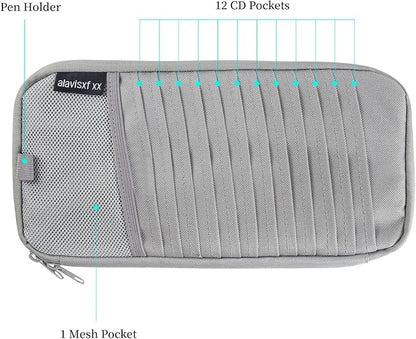 alavisxf xx Car CD Holder, DVD Vehicle Visor Storage Organizer, Large Capacity CD Visor Case Holder with 12 Sleeves, 1 Mesh Pocket, 1 Pen Holder, 1 Back Inner Pocket (Grey)
