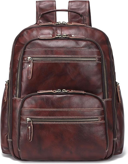 LANNSYNE Vintage Full Grain Leather Backpack For Men, 17.3'' Laptop Bag Causal Rucksack Shoulder Bag Overnight For Business/Hiking/Travel
