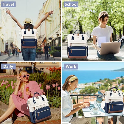Focdod Laptop Backpack for Womem Work Bags: 15.6 Inch Travel BackPacks Durable Back Pack With USB Charging Port Anti Theft Fashion College BookBag Purse Bussiness Daypack for Nurse Teacher Navy Beige
