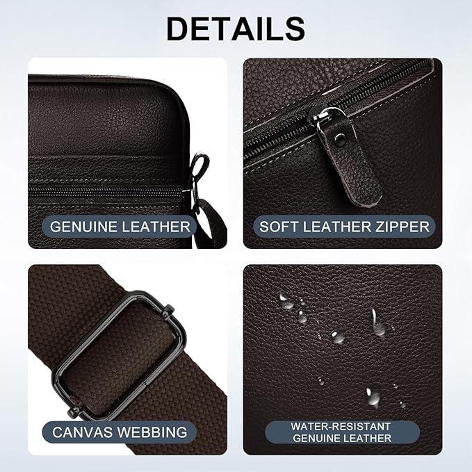 Leathario Men's Crossbody Shoulder Bag, Genuine Leather Small Messenger Satchel for Work Business Travel, Black Side Purse