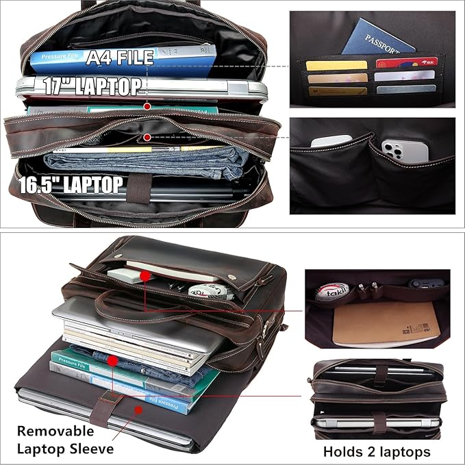 Masa Kawa Leather Briefcase for Men 15.6", 17" Laptop Computer Case Business Travel Work Messenger Cross Body Shoulder Bag