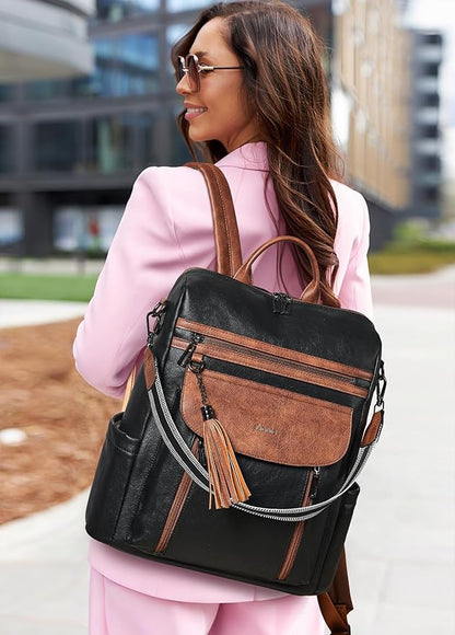 Shrrie Laptop Backpack for Women 15.6 inch,Travel Leather Backpack Purse Nurse Teacher Carry on Backpack Computer Bag,Professional Water-Resistant College Business Work Casual Daypack,Black with Brown