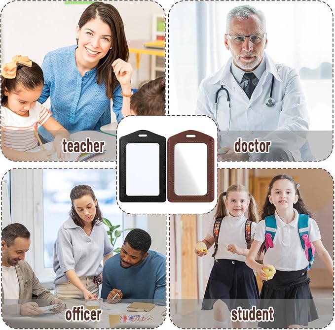 Leather ID Badge Holders, Mabor 2 Pcs Leather Badge Holder Vertical Double-Side Clear Card Holder Waterproof Name Badges Holders for Office Staff Students School ID Credit Cards(Black+Brown)