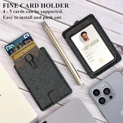 Leather ID Badge Holder,Slim Minimalist Elastic Credit Card Holder, Vertical Credit Card Holder for Men & Women with Neck Lanyard (Black-E)