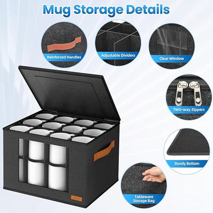 2-Layer Coffee Mug Storage Box with Dividers, Coffee Cup Storage Organizer with Zipper Lid and Handles, Stackable Mug and Cup organizer Service for 24 Coffee Mugs, Cups and Glasses, Dark Grey
