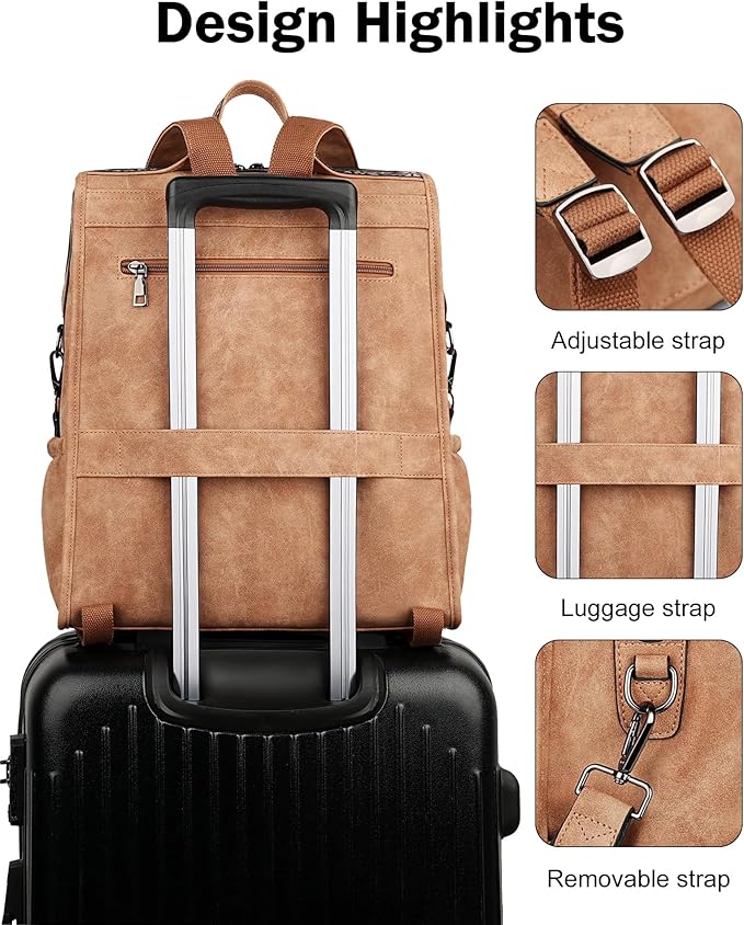 FADEON Leather Laptop Backpack for Women, Designer Ladies Work Travel Computer Backpack with Laptop Compartment Suede Brown