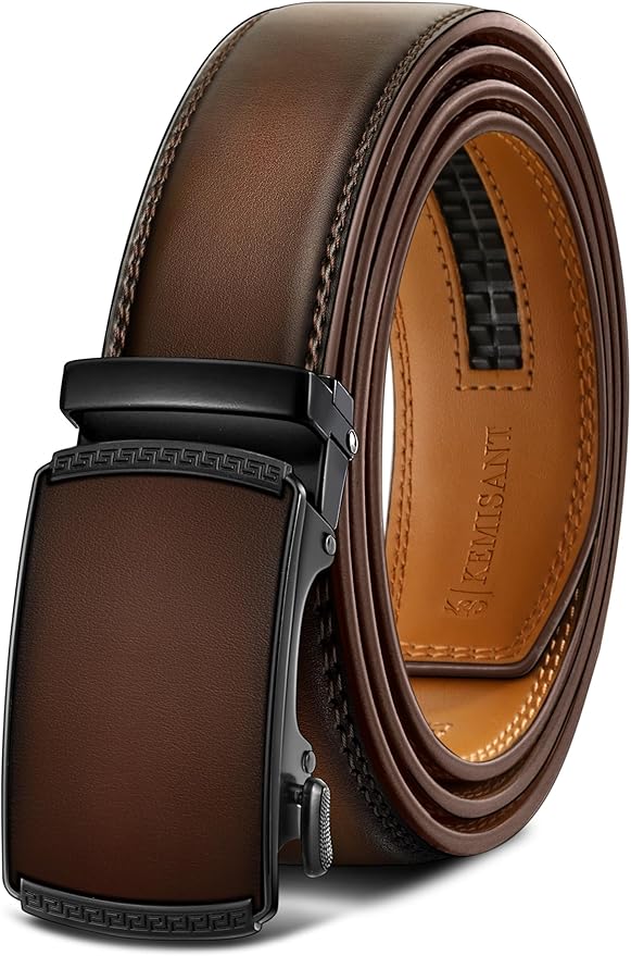KEMISANT Men Belt Ratchet Click Belt Genuine Leather Adjustable For Men Golf Dress Casual Jeans 1 3/8-Cut For Fit