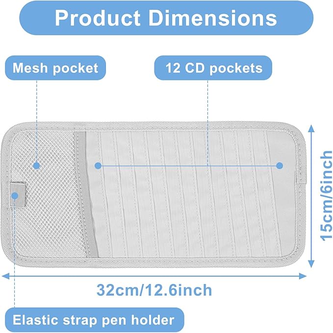 1 Pcs Car CD Holder, Car Sun Visor Storage DVD Disc Holders Pocket Case Organizer with 12 DVD Storage Sleeves, one Mesh Pocket, one Pen Holder, and Elastic Strap (Gray)