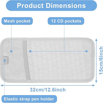1 Pcs Car CD Holder, Car Sun Visor Storage DVD Disc Holders Pocket Case Organizer with 12 DVD Storage Sleeves, one Mesh Pocket, one Pen Holder, and Elastic Strap (Gray)