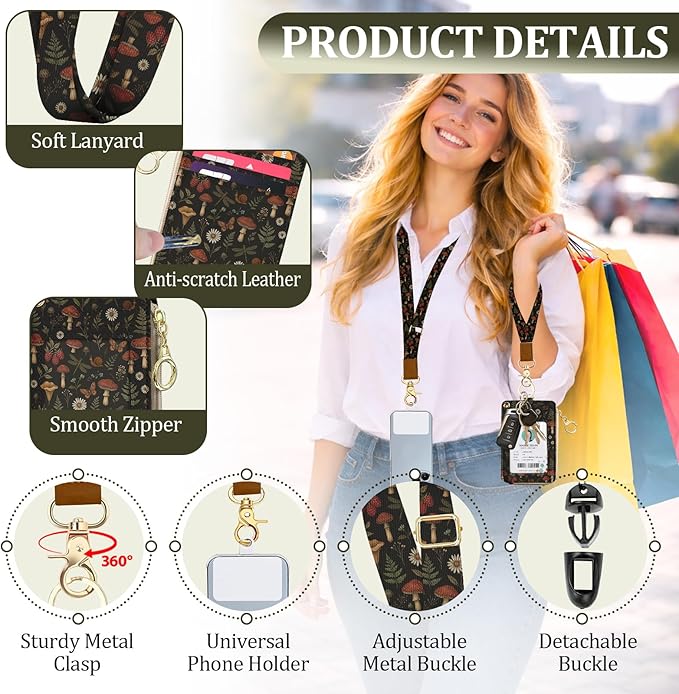 Butterfly Mushroom Lanyard for Id Badge, ID Badge Holder with Neck Wristlet Lanyard, RFID Vintage PU Leather ID Case Wallet with Removable Lanyard Keychain for Teacher Nurse Work Office Gifts