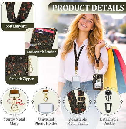 Butterfly Mushroom Lanyard for Id Badge, ID Badge Holder with Neck Wristlet Lanyard, RFID Vintage PU Leather ID Case Wallet with Removable Lanyard Keychain for Teacher Nurse Work Office Gifts