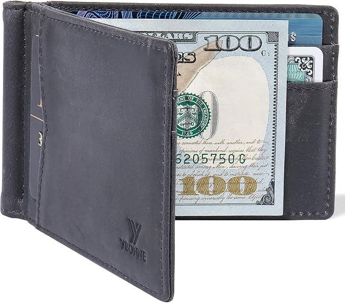YBONNE Mens Slim Wallet with Money Clip Front Pocket RFID Blocking Thin Bifold Leather Card Holder Minimalist Mini Billfold