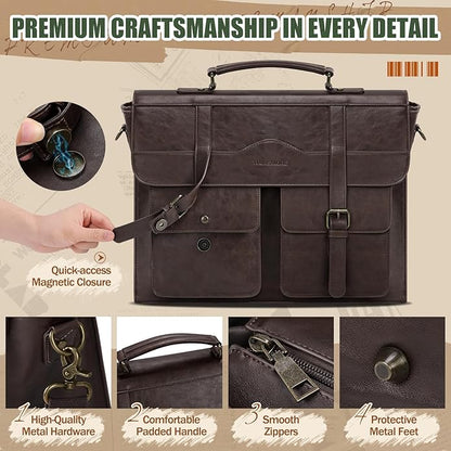 RAINSMORE Mens Messenger Bag 17 Inch Vintage Leather Laptop Briefcase Magnetic Closure Large Satchel Computer Shoulder Bag