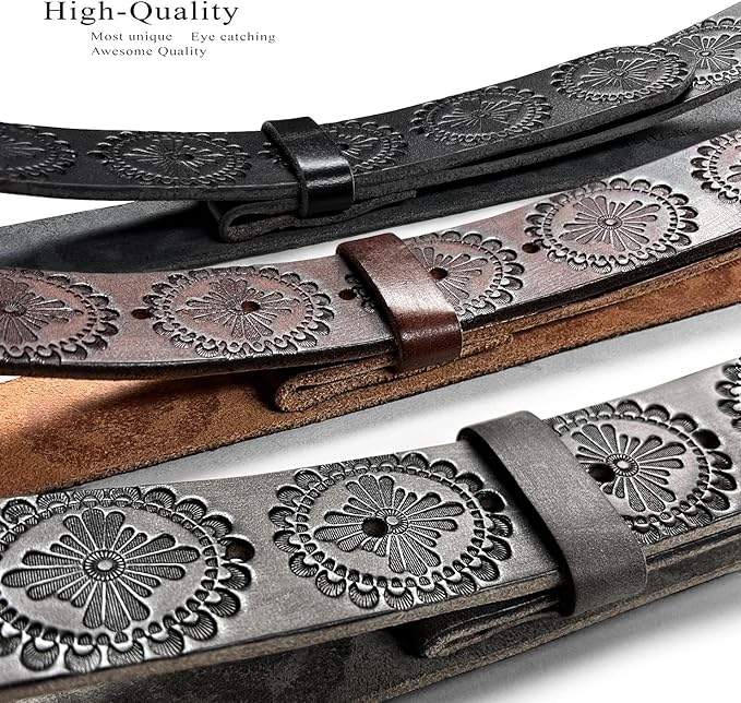 Cowboy Cowgirl Western Tooled Floral Embossed Full Grain Genuine Leather Belt Strap 1-1/2"(38mm) Wide