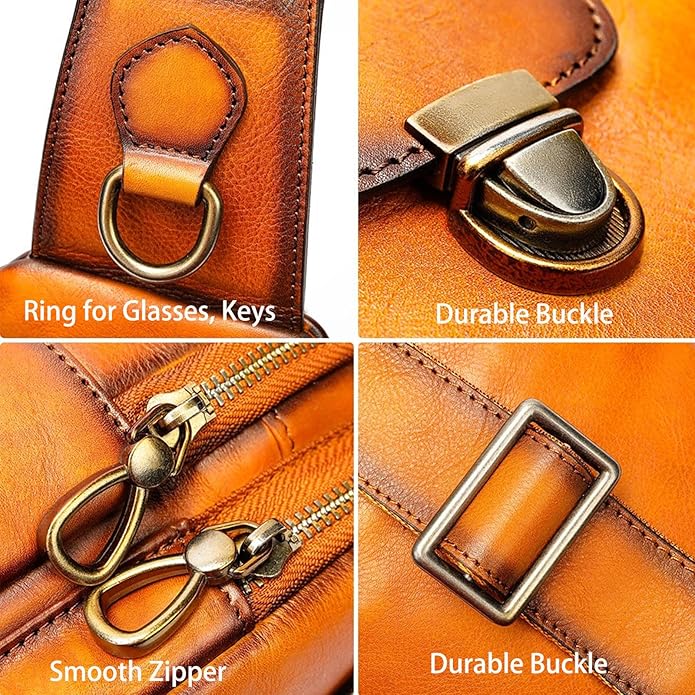 NIUCUNZH Genuine Leather Sling Bag Front Metal-Latch Crossbody Bags Handmade Vintage Chest Shoulder Backpack for Women Men