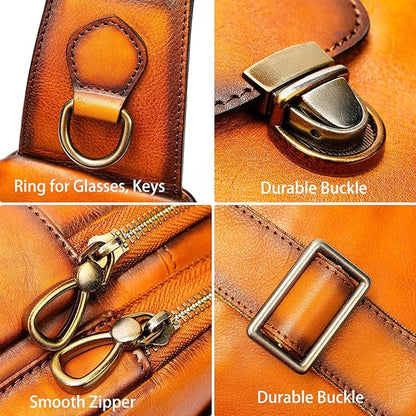 NIUCUNZH Genuine Leather Sling Bag Front Metal-Latch Crossbody Bags Handmade Vintage Chest Shoulder Backpack for Women Men