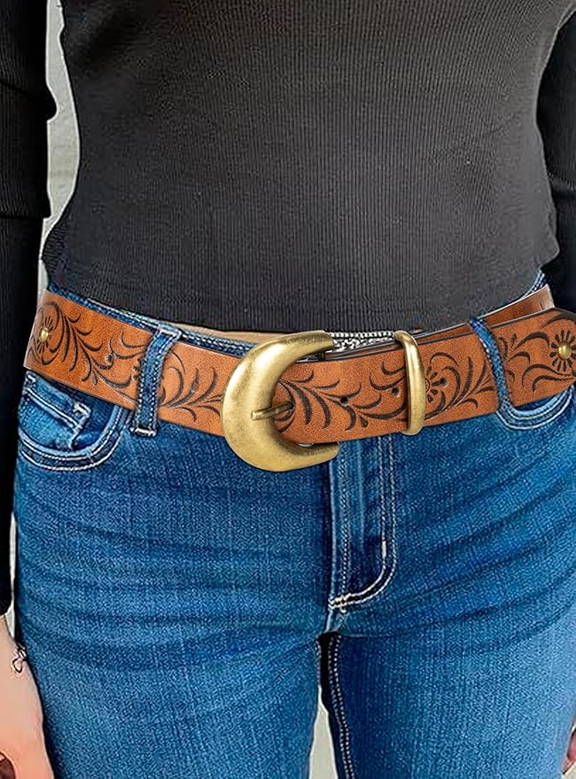 INOGIH Adjustable-Vintage-Western-Cowboy-Belt Women Men - Cowboy-Style Engraved-Buckle Belt for Jeans Pants Dresses