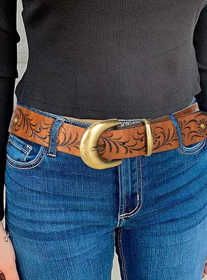 INOGIH Adjustable-Vintage-Western-Cowboy-Belt Women Men - Cowboy-Style Engraved-Buckle Belt for Jeans Pants Dresses