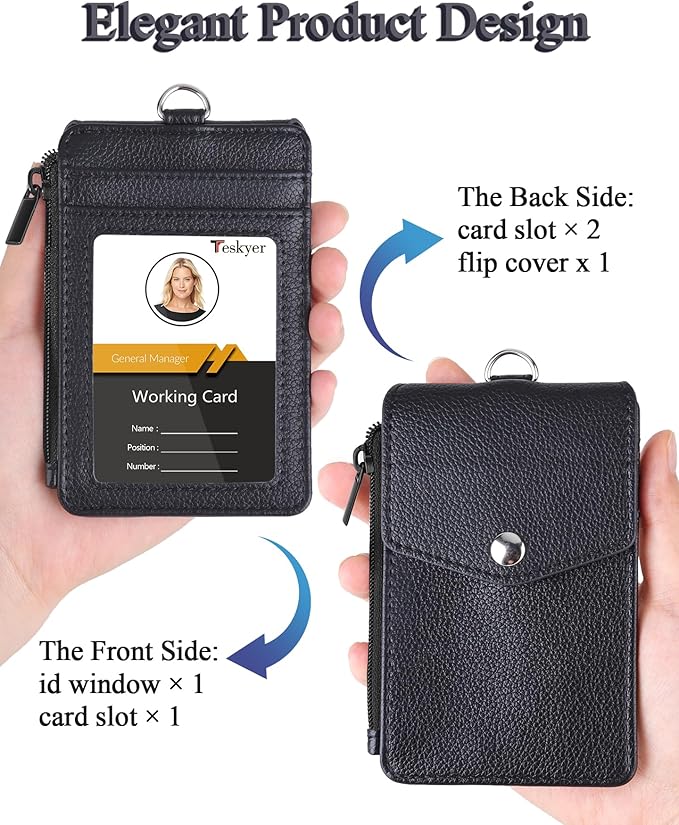Teskyer Badge Holder with Side Zip Pocket, Multiple Card Slots Leather ID Holder Wallet with Neck Lanyard for Office Staffs, Teachers/Students, Workers, Cruise Cards, Bus/Metro Cards, Lichee Black