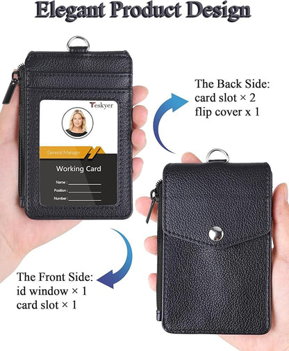 Teskyer Badge Holder with Side Zip Pocket, Multiple Card Slots Leather ID Holder Wallet with Neck Lanyard for Office Staffs, Teachers/Students, Workers, Cruise Cards, Bus/Metro Cards, Lichee Black