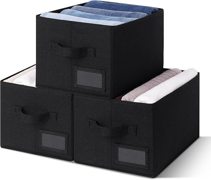 GRANNY SAYS Shelf Storage Bins, Fabric Storage Baskets for Closet and Clothes, Collapsible Storage Boxes with Handles, Decorative Storage Containers for Bedroom, Black, Medium, 3-Pack